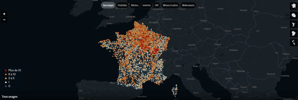 Cartographie des contaminations des eaux souterraines (source : Le Monde)