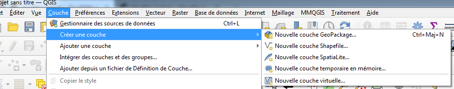 Menu pour la création d'une couche SIG dans QGIS